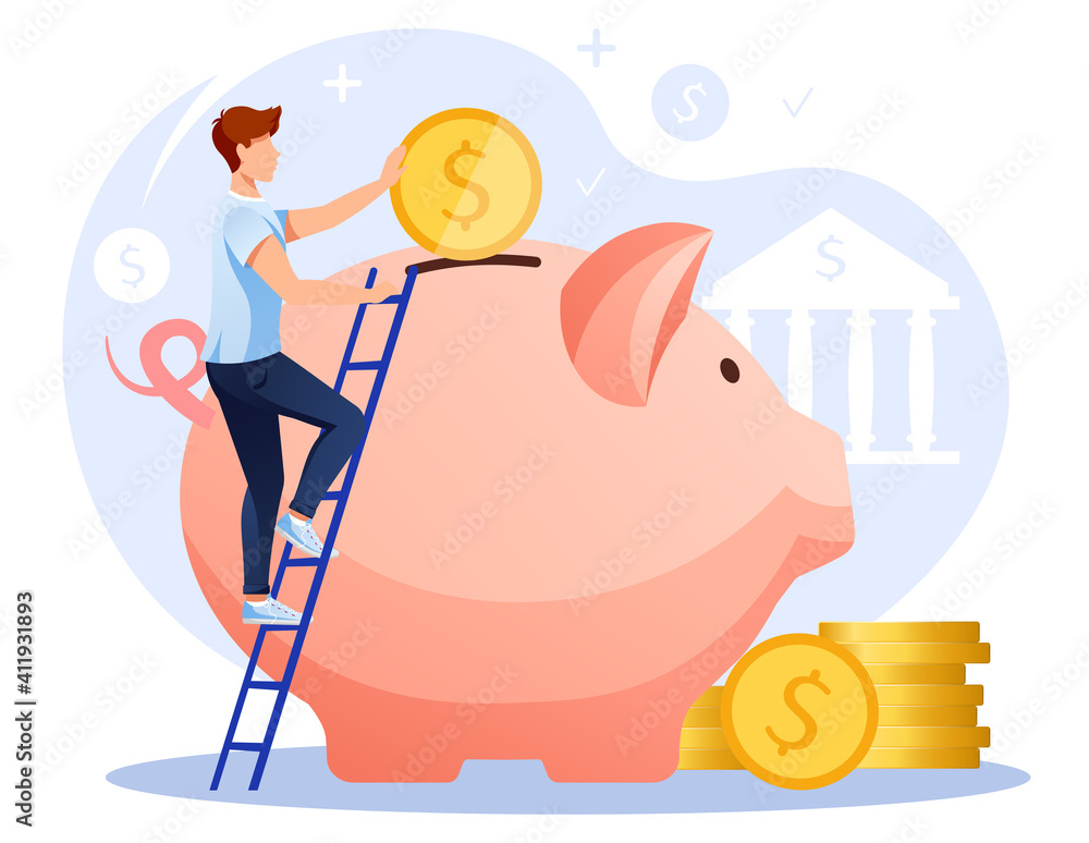 Big piggy bank, man on the ladder is putting coin in the piggy bank ...