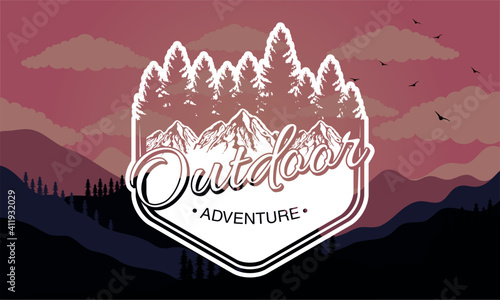 outdoor adventure lettering emblem with pines in landscape