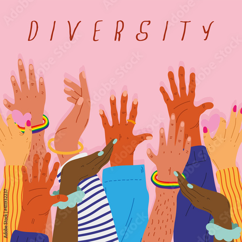diversity hands humans up and lettering