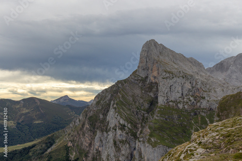 The Majestic mountains of the Eastern Massif of the Picos de Europa. Eagle flying over Pena Remona. The Eastern Massif  or Andar    between the Duje and Hermida gorges.