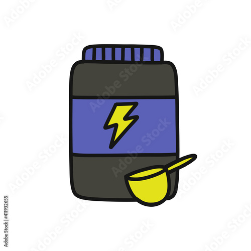 protein powder doodle icon, vector color illustration