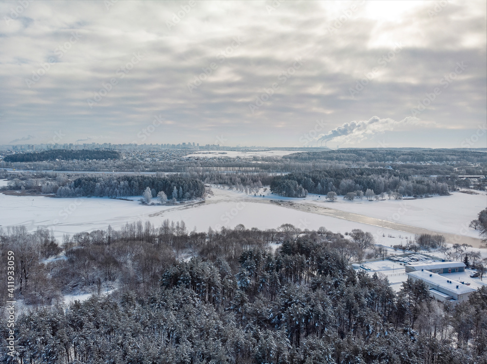 Frozen lake Minsk sea in Belarus. Drone aerial photo