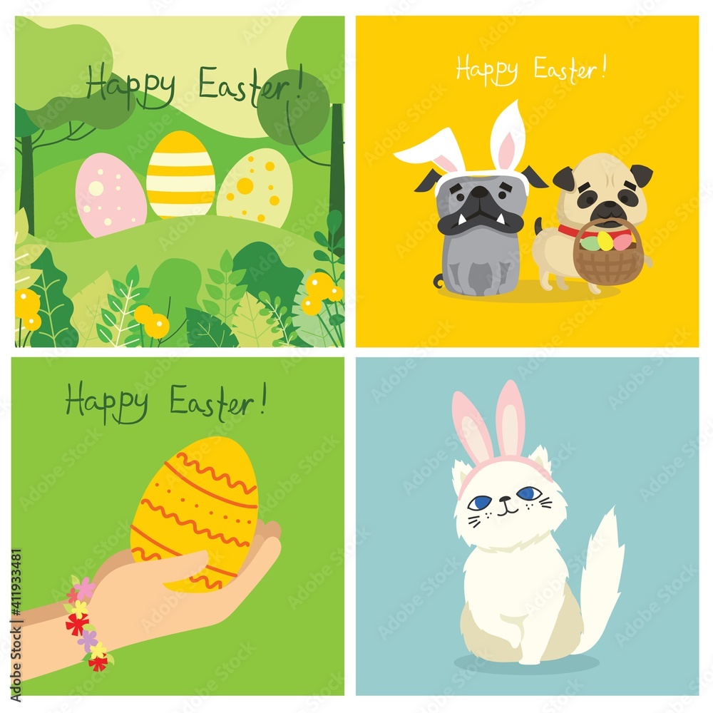 Vector Easter cards with people holding the eggs and hand drawn text - Happy Easter Vector Easter cards with people holding the eggs and hand drawn text - Happy Easter