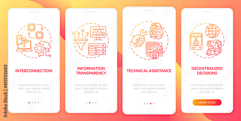 Industry 4.0 principles onboarding mobile app page screen with concepts. Info transparency, tech assistance walkthrough 4 steps graphic instructions. UI vector template with RGB color illustrations