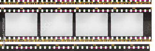 scan of 35mm negative film material on white background with empty or blank frames, retro photo placeholder, filmstrips isolated. photo