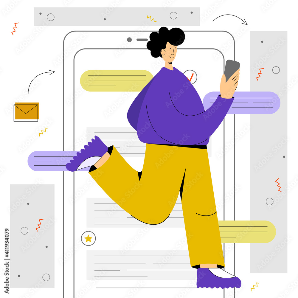 A modern boy with a smartphone in his hand runs on business, around the message. A man with a mobile phone in his hand. Modern vector graphics. Business illustration.