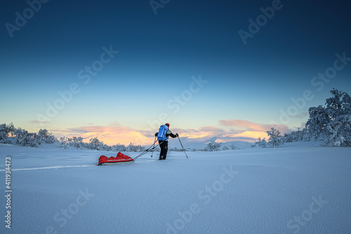 Woman walking in winter lanscape in Norway with pulkas