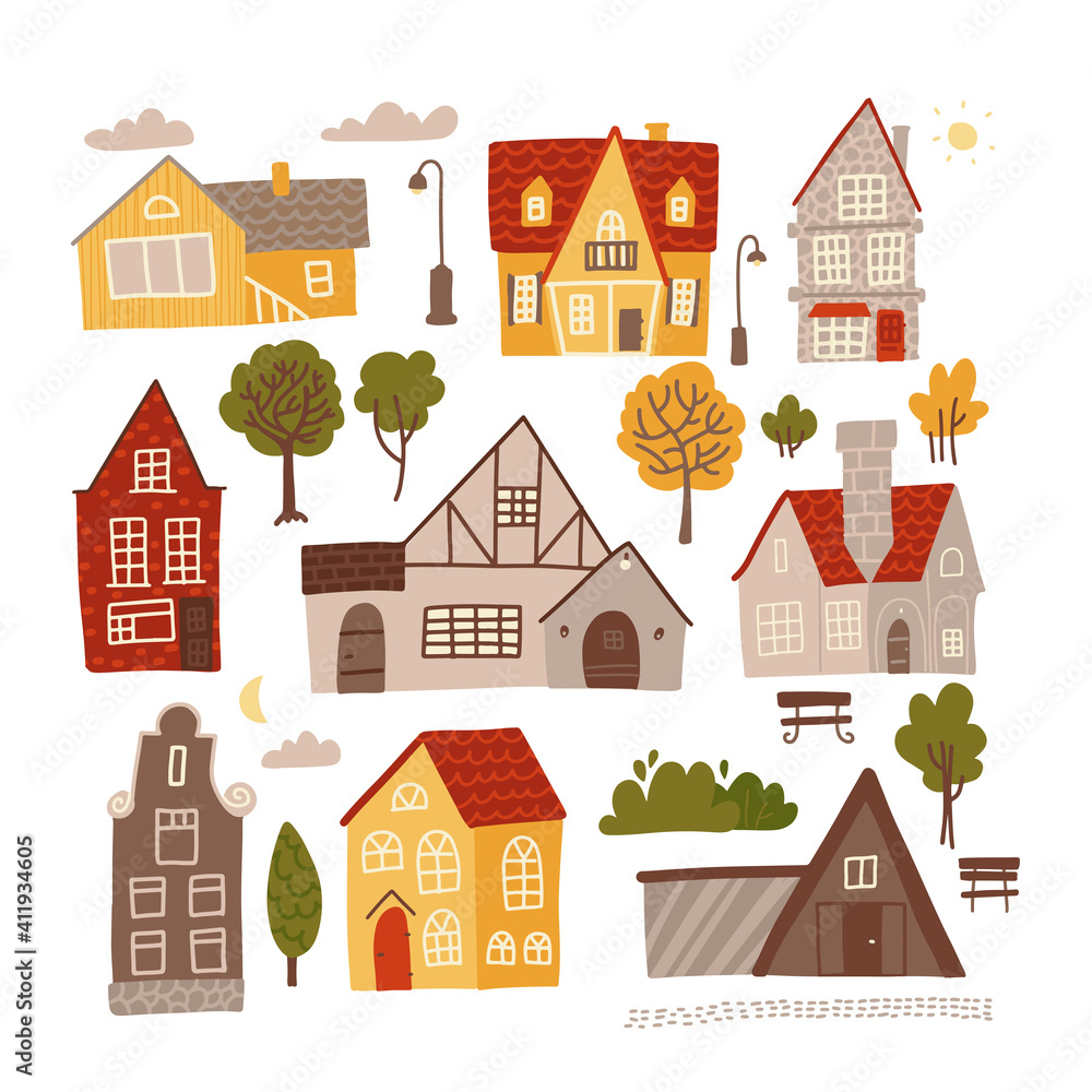 Set of bright colorful facades of small cozy houses for concept design. Hand drawn flat vector illustration isolated on white background. Elelements for village, cityscape constructor.