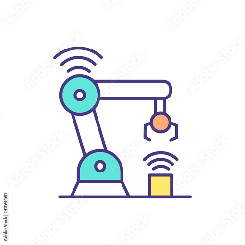 Manufacturing automation RGB color icon. Robotic arms. Automatic assembly machines. Factory automation infrastructure. Reducing labor and production costs. Isolated vector illustration