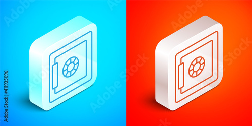 Isometric line Safe icon isolated on blue and red background. The door safe a bank vault with a combination lock. Reliable Data Protection. Silver square button. Vector.