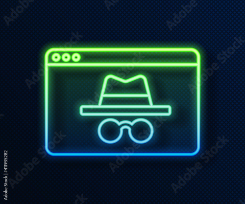 Glowing neon line Browser incognito window icon isolated on blue background. Vector.