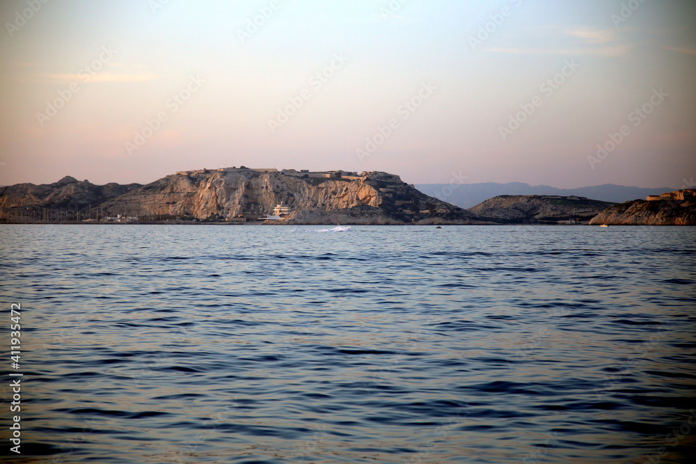 Sunset close-up view of the islands of the Frioul archipelago, opposite Marseille, France
