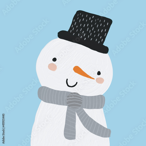 Cute Hand Drawn Snowman Isolated on a Light Blue Background. Winter Vector Illustration ideal for Card, Wall Art, Poster, Kids Room Decoration. Fluffy Snowman in a Black Hat.