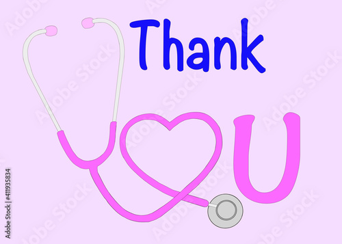 Принти на полотні Illustration pink stethoscope aural tube and headset forming a Y and tubing shaped into a heart shape for O to spell YOU for Thank You