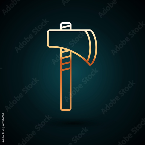Gold line Native american tomahawk axe icon isolated on dark blue background. Vector.