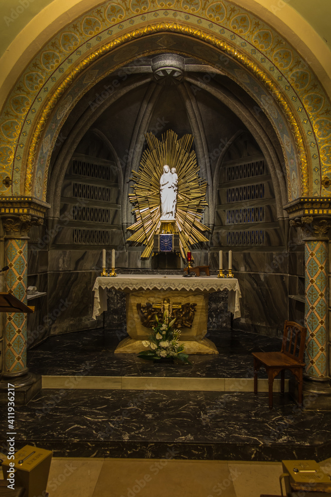 Lourdes, France, June 24 2019: Interior of the Crypt - the first church in the sanctuary of Lourdes