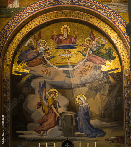 Lourdes, France, June 24 2019: Interior of the Rosary Basilica in Lourdes, France.
