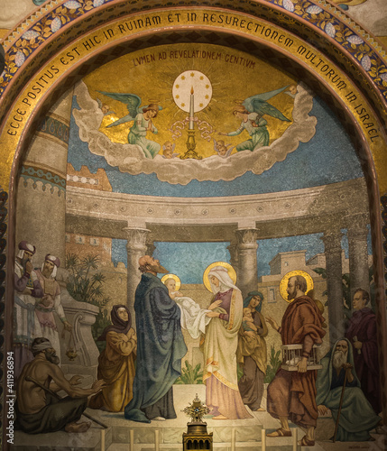 Lourdes, France, June 24 2019: Interior of the Rosary Basilica in Lourdes, France.