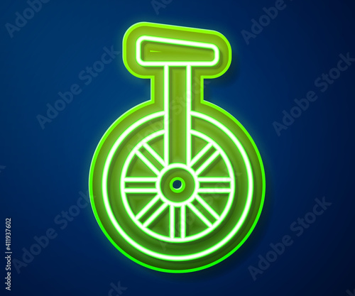 Glowing neon line Unicycle or one wheel bicycle icon isolated on blue background. Monowheel bicycle. Vector.
