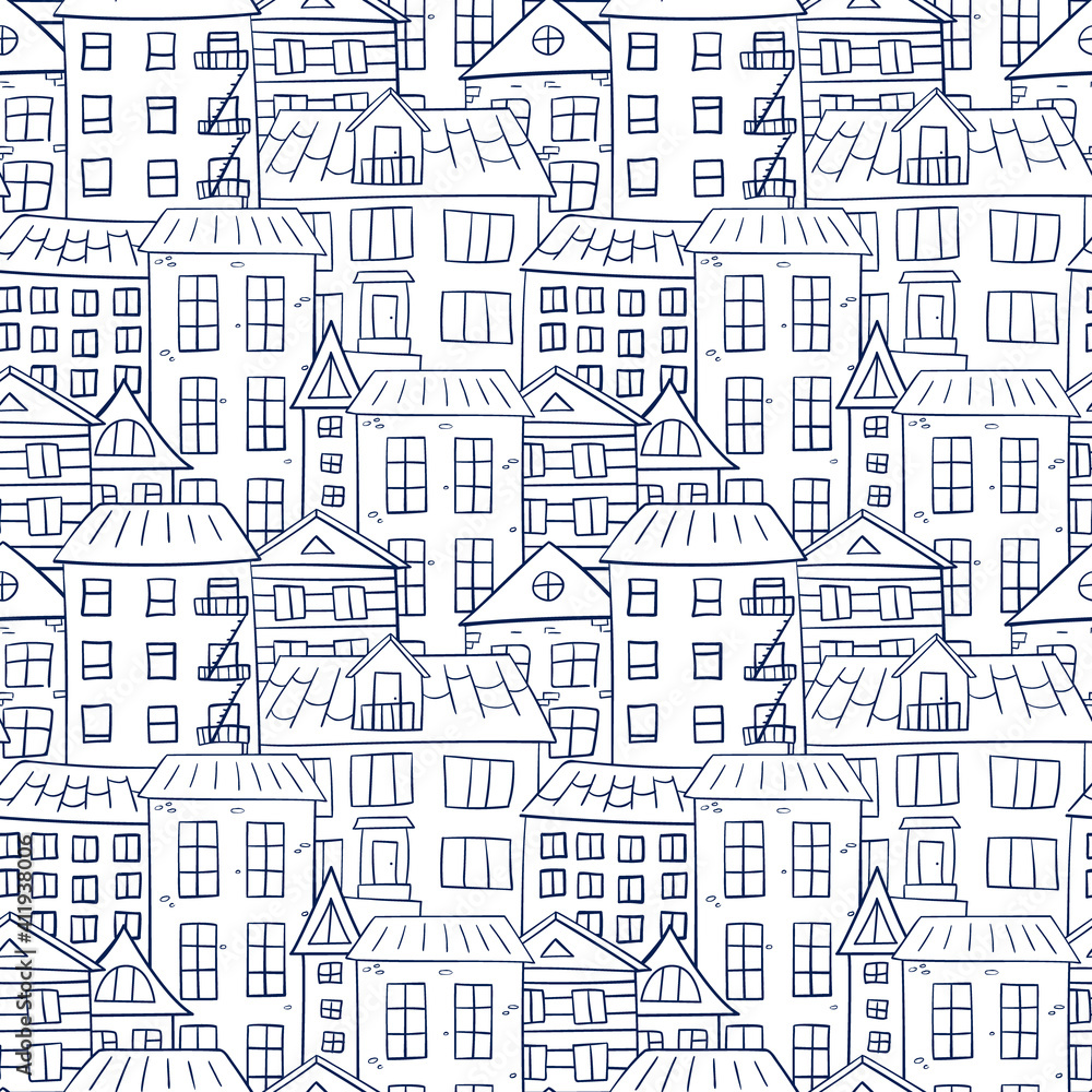 The contoured blue houses in the city are tightly adjacent to each other. For coloring and anti-stress. Seamless repeating pattern. Hand-drawn doodle.
