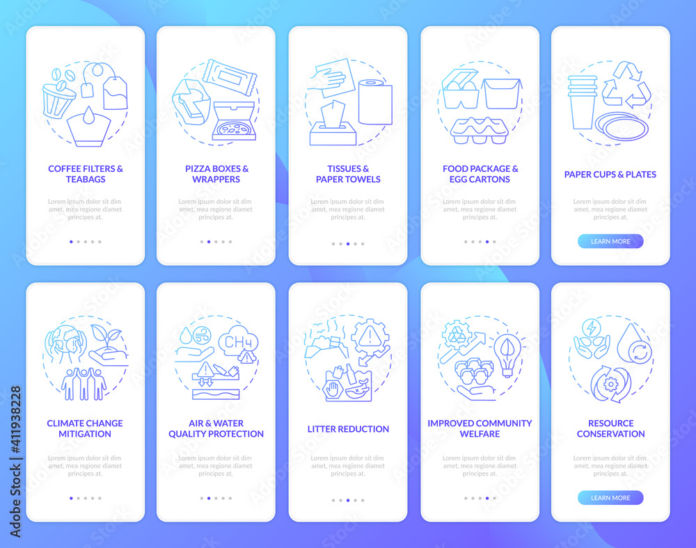 Organic waste reducing onboarding mobile app page screen with concepts set. Paper material, climate change walkthrough 5 steps graphic instructions. UI vector template with RGB color illustrations Organic waste reducing onboarding mobile app page screen with concepts set. Paper material, climate change walkthrough 5 steps graphic instructions. UI vector template with RGB color illustrations