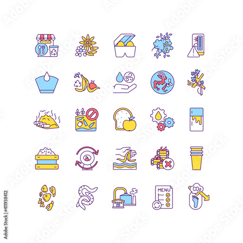 Organic waste RGB color icons set. Horticultural practice. Environmentally friendly packaging. Composting for farm and garden. Water quality protection. Waste sorting. Isolated vector illustrations