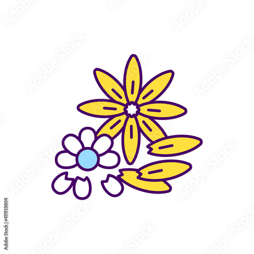 Organic flower gardening RGB color icon. Reusing leftover flowers, dried petals. Floral garden. Deadheading plants. Planting and maintenance. Removing blooms. Isolated vector illustration