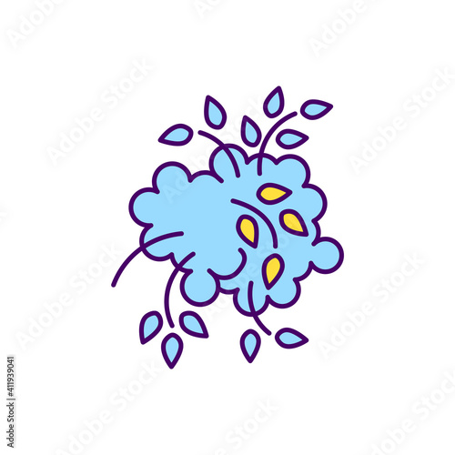 Overgrown shrubs RGB color icon. Pruning and trimming bushes. Managing large evergreen shrubs. Removing growing branches, stems. Achieving natural-looking shape. Isolated vector illustration