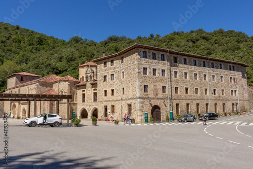 Potes, Spain - September 2, 2020: The Monastery of Santo Toribio de Liébana is a Roman Catholic monastery located in the district of Liébana, near Potes in Cantabria, Spain.