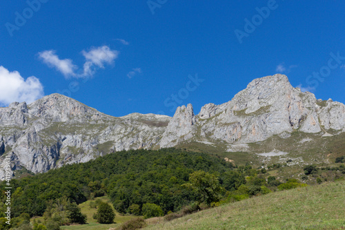 View of the eastern massif of the Picos de Europa near Colio village in the Europa Peaks, Cantabrian Mountains, northern Spain.