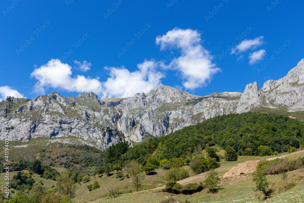 View of the eastern massif of the Picos de Europa near Colio village in the Europa Peaks, Cantabrian Mountains, northern Spain.