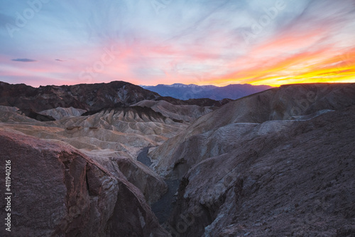 Colorful sunset over Zabriskie Point in Death Valley National Park, California