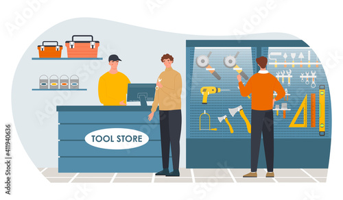 Male visitors standing in a tool store. Tool shop, construction hardware on shelf. Salesman at counter serves client and shows instruments for builders. Flat cartoon vector illustration