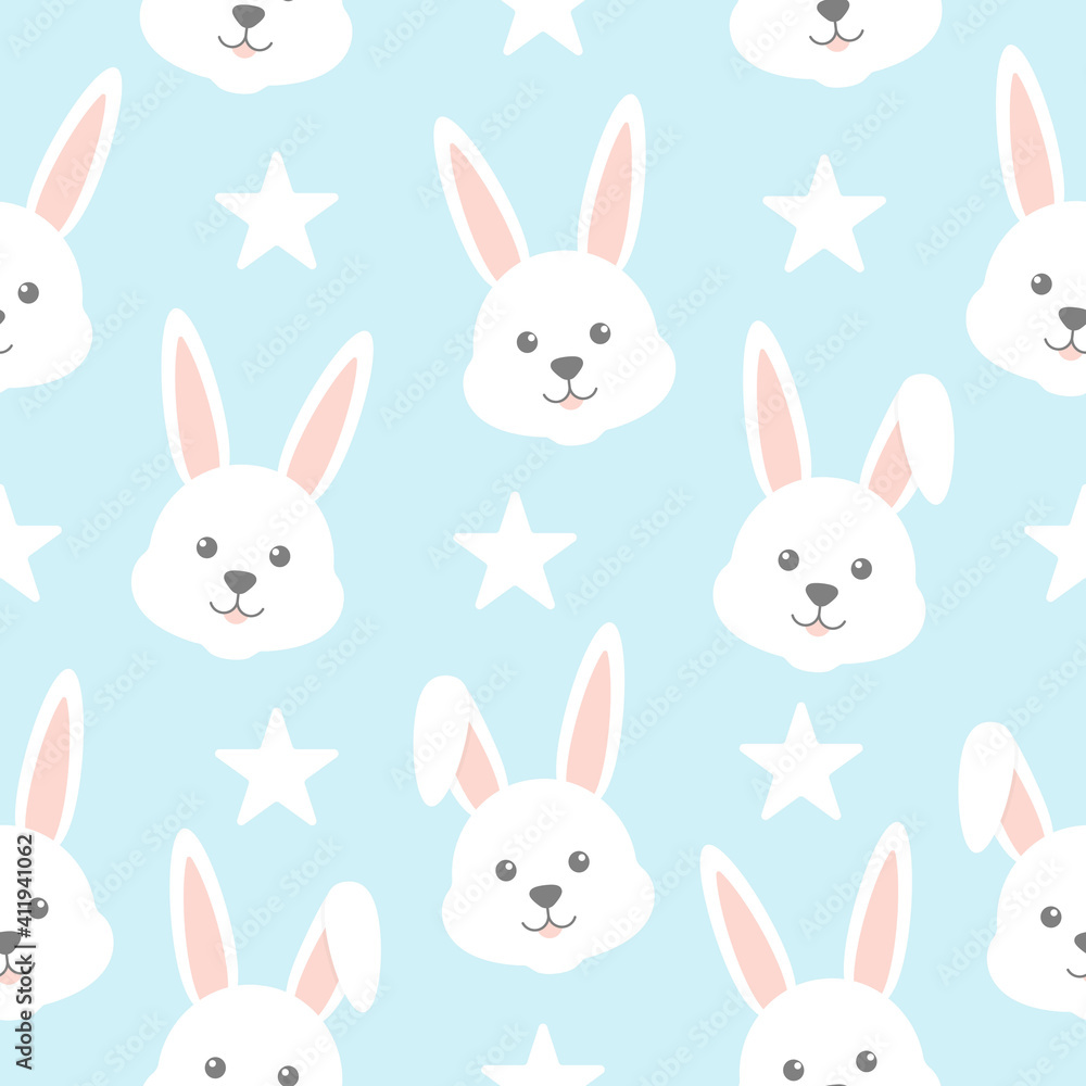 Seamlles pattern with bunny head and star. Cute rabbit character blue backround. Vector kids illustration Seamlles pattern with bunny head and star. Cute rabbit character blue backround. Vector kids illustration