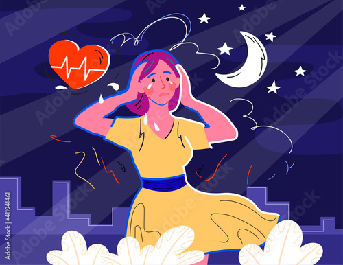 Frustrated female character with nervous problem feels anxious and holds her head. Concept of anxiety and confusion of thoughts. Mental disorder in consciousness. Flat cartoon vector illustration