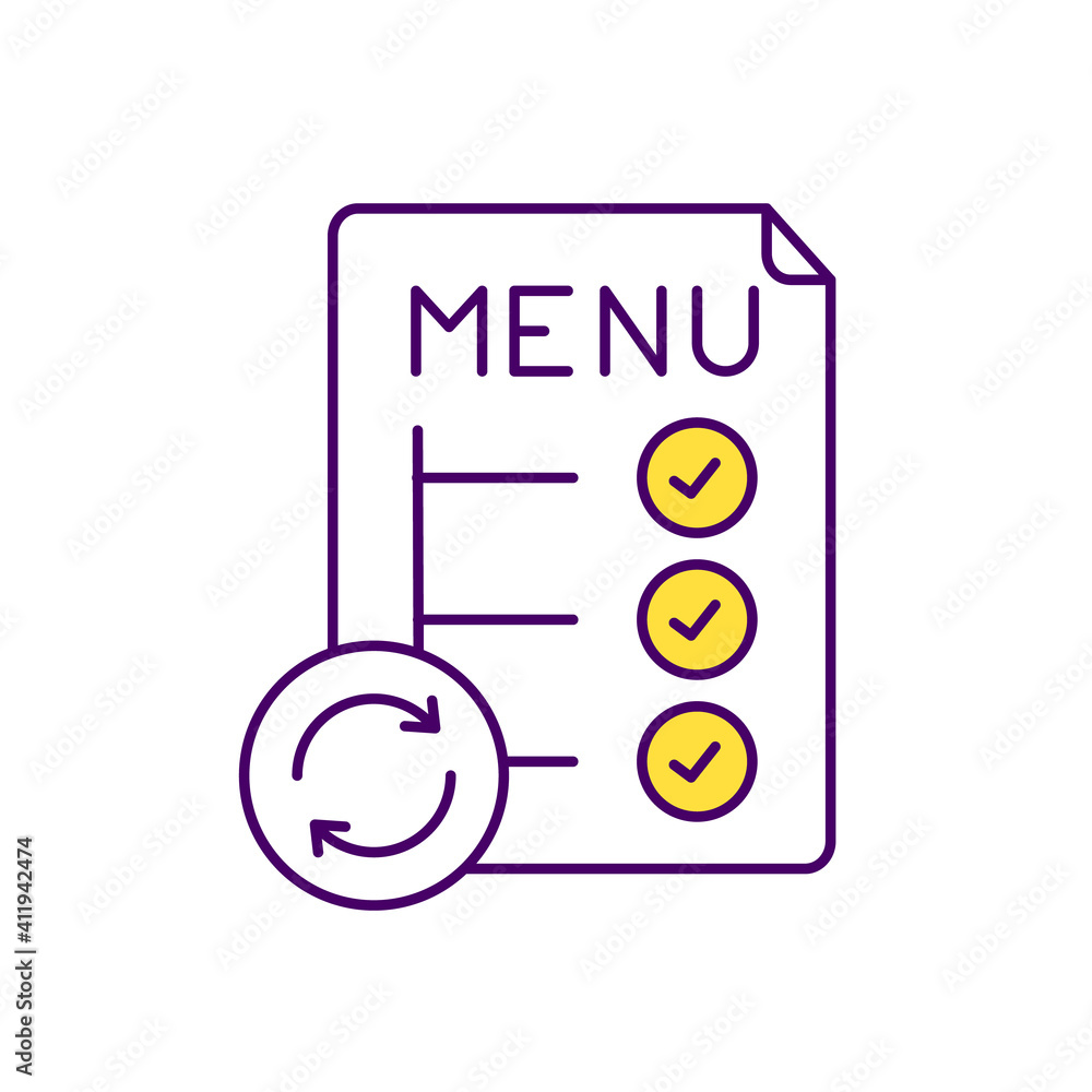 Menu optimization RGB color icon. Reducing food waste. Menu design and planning. Daily food consumption. Composting kitchen waste. Portion sizes reduction. Isolated vector illustration Menu optimization RGB color icon. Reducing food waste. Menu design and planning. Daily food consumption. Composting kitchen waste. Portion sizes reduction. Isolated vector illustration
