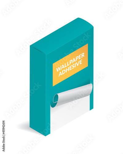 Isometric vector illustration wallpaper glue package isolated on white background. Realistic wallpaper adhesive box icon in flat cartoon style. Wallpaper sticking. Renovation and reconstruction.