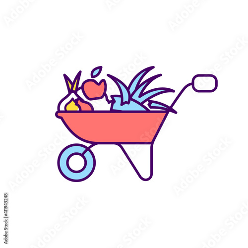Yard trimming RGB color icon. Horticultural practice. Fruit harvesting. Grass, leaves, tree and brush trimmings. Removing grass clippings, branches from trees. Isolated vector illustration