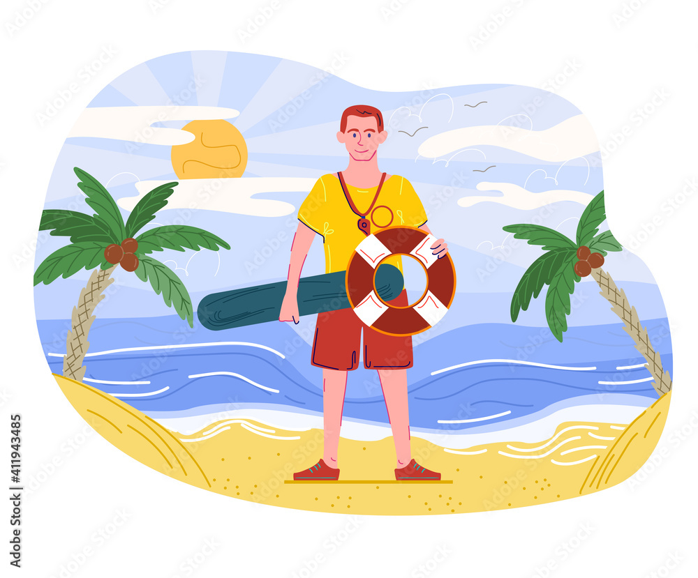 Male lifeguard is standing on the beach with a life vest. Cheerful rescuer is working and saving lives at the beach. Flat cartoon vector illustration