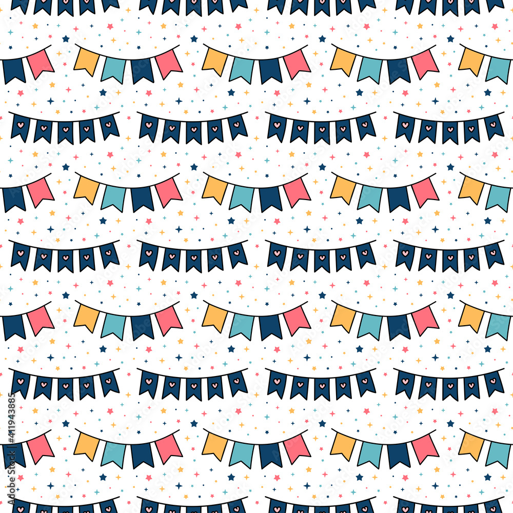 Obraz premium Vector Cartoon Bunting Seamless Pattern. Festival Flag Garlands and star confetti. Birthday, Christmas Holiday Party Decoration. Background for design scrapbooking, wrapping paper, card, textile