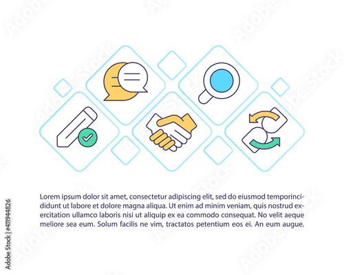 Agreement management stages concept icon with text. Contract planning, implementation, renewal. PPT page vector template. Brochure, magazine, booklet design element with linear illustrations
