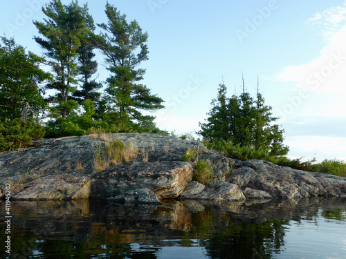 Pine trees on granite island in Georgian Bay Ontario Canada