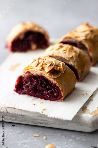 Cherry strudel with almond and walnuts 