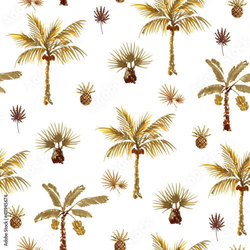 Gold palm trees seamless patterns. wild nature summer background