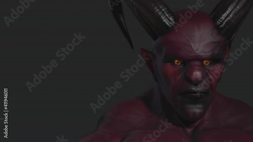 Red demon, devil, imp, monster with twisted horns and muscle hillocks. Close-up. Face expression. Part 2 from 6. Alpha channel only in 4k .mov version