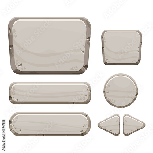 Stone buttons collection, set of rock assets in cartoon style isolated on white background. Mineral detailed objects ui game interface, app pannel.