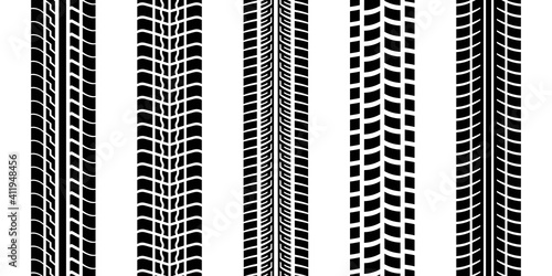 Tire trace track, wheels braking distances, tread silhouettes brushes, isolated car or motorcycles vector trails
