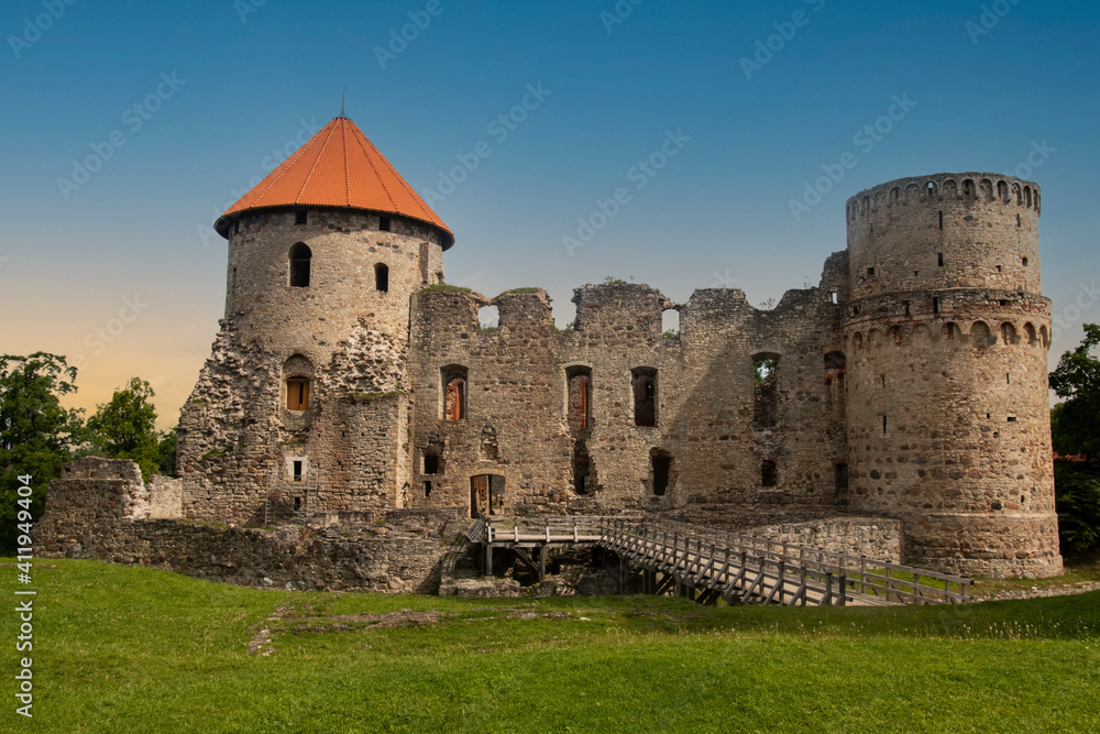 View of ruins of ancient Livonian castle in old town of Cesis, Latvia