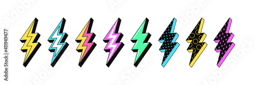 Isolated Lightning bolt signs. 3st set of flash thunderbolts with texture for zine retro culture