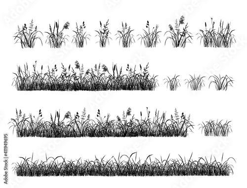 Set of hand drawn grass. Separate tufts of grass, compact lawns. Black silhouettes isolated on white background. Illustration, brushes. 